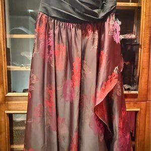 David's Bridal Burgundy Satin A-Line Skirt with Pink Floral Jacquard